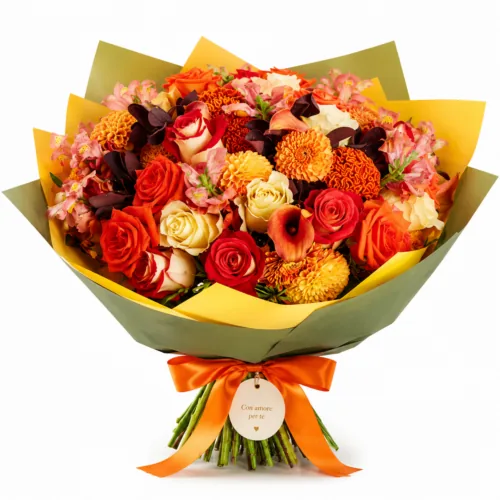 Composizione di fiori in toni caldi arancio e bordeaux