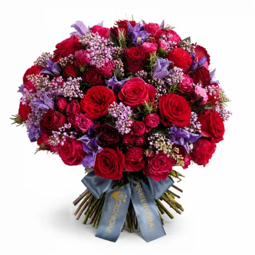 Bouquet luxury di rose rosse e fiori viola