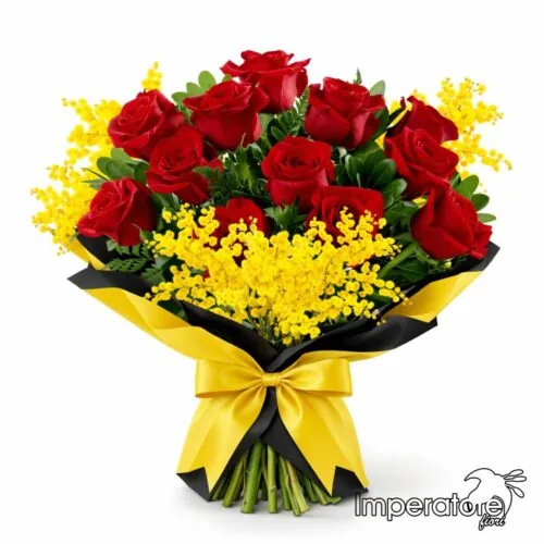 Bouquet di rose rosse e mimosa con fiocco giallo