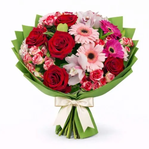 Gran bouquet misto con rose, gerbere e orchidee