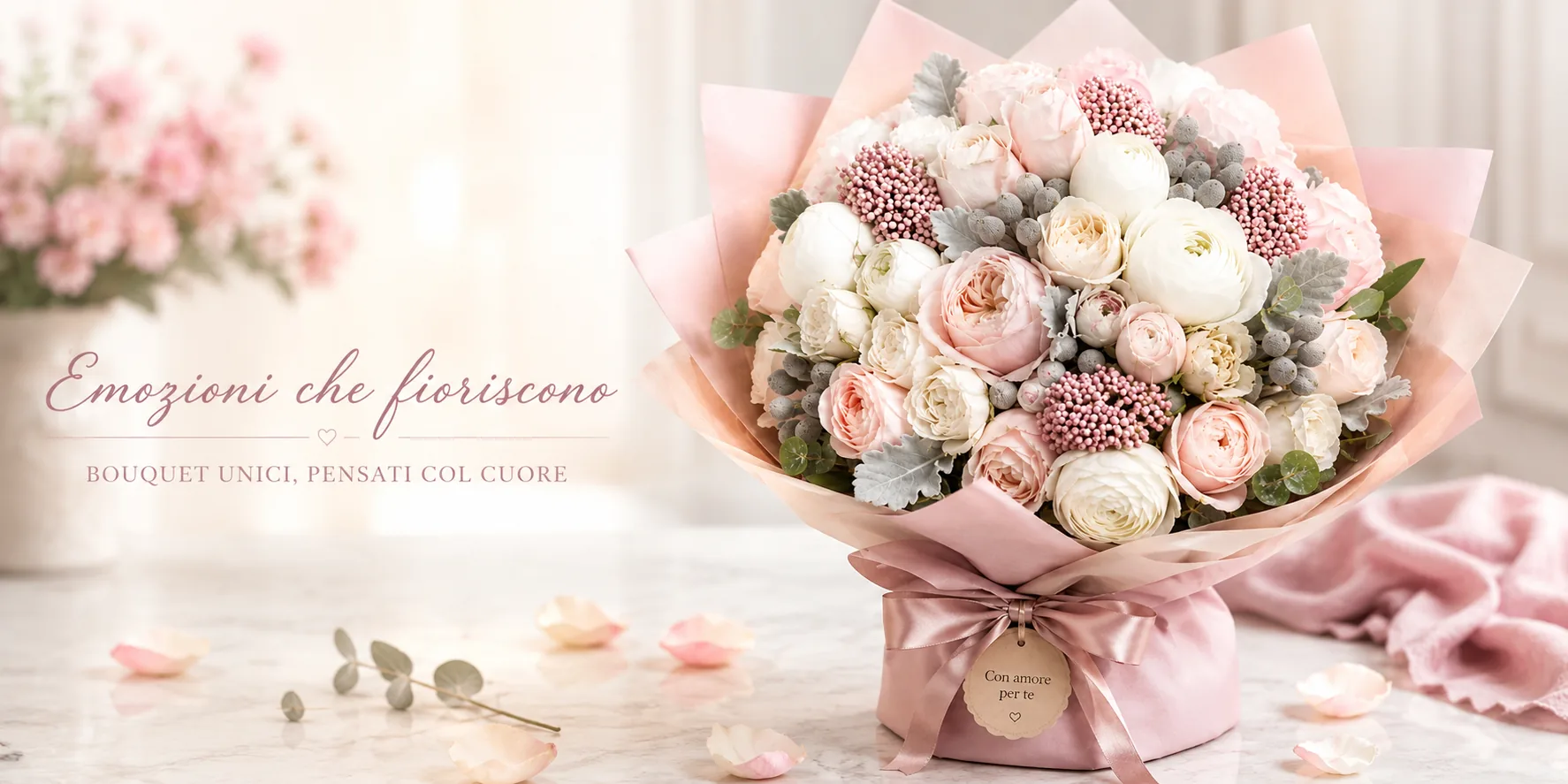 Elegante bouquet di rose e peonie in toni cipria — consegna fiori a domicilio a Napoli